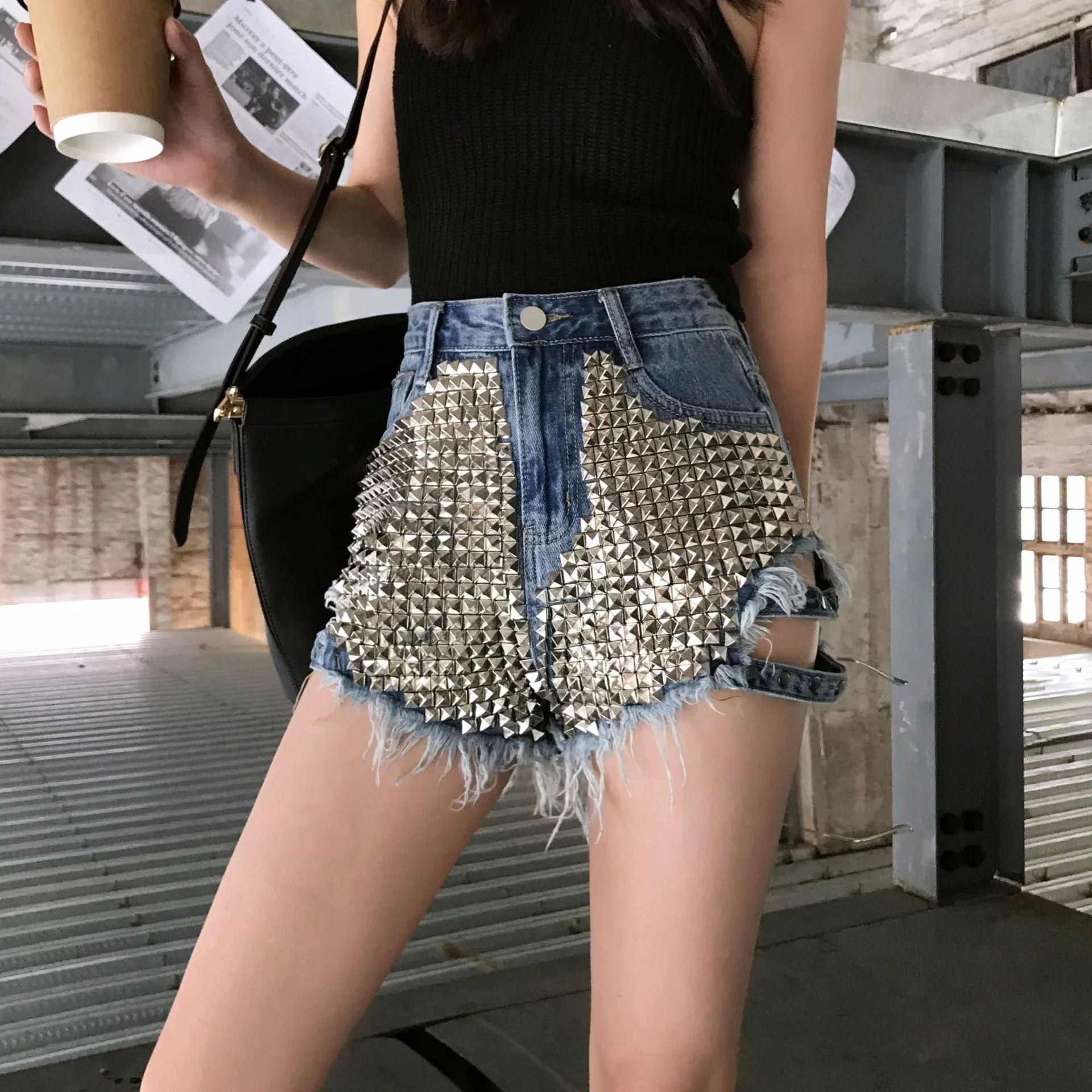Denim Shorts With Side Studs Loose Ripped High-Rise Jeans - VAleG