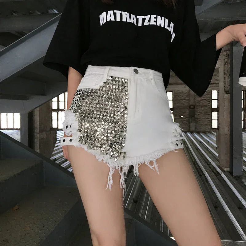 Denim Shorts With Side Studs Loose Ripped High-Rise Jeans - VAleG