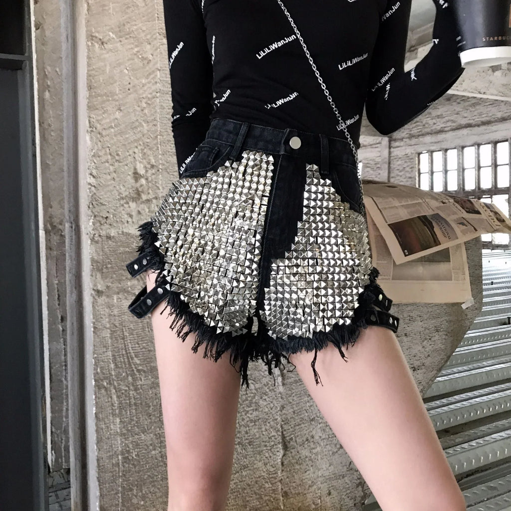 Denim Shorts With Side Studs Loose Ripped High-Rise Jeans - VAleG