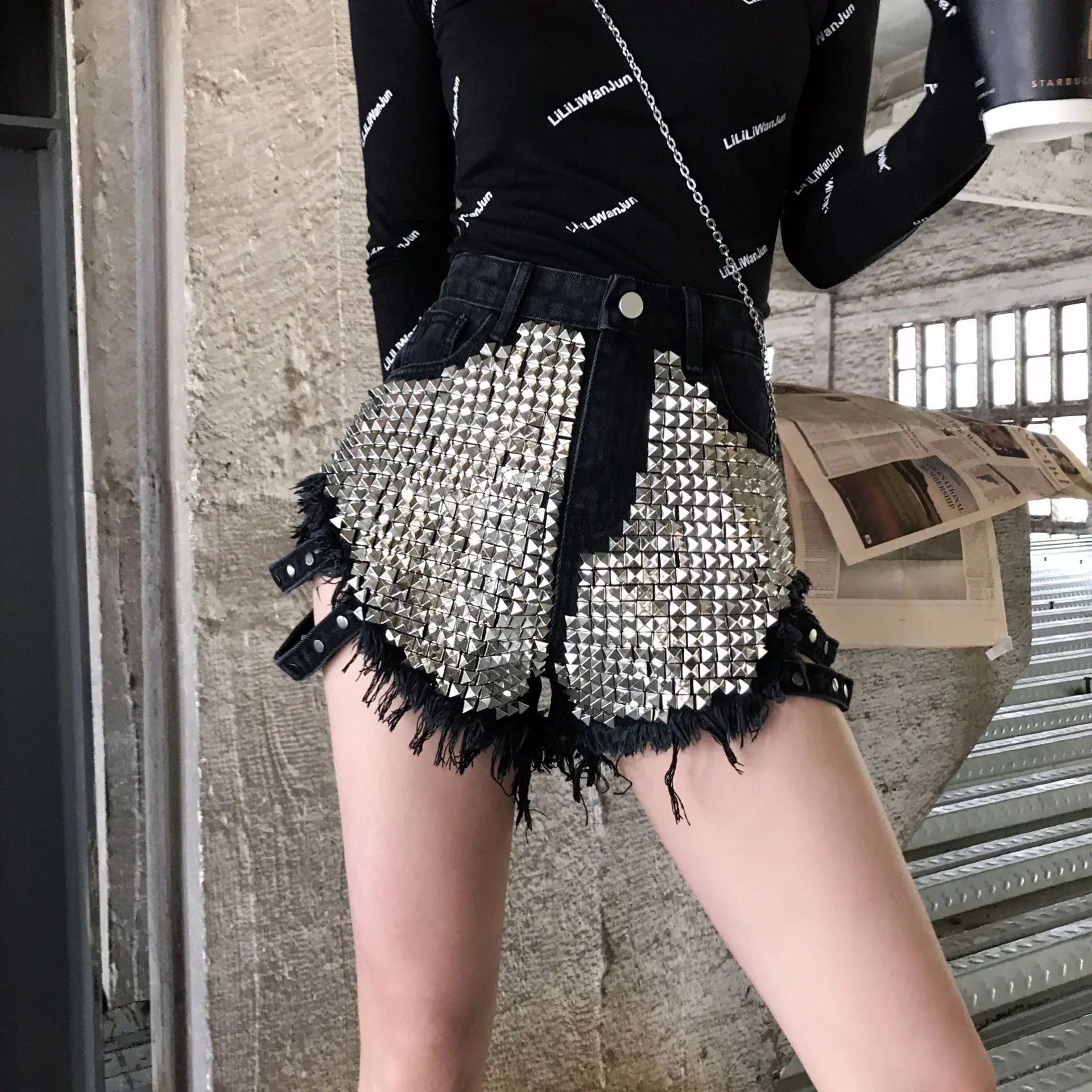 Denim Shorts With Side Studs Loose Ripped High-Rise Jeans - VAleG