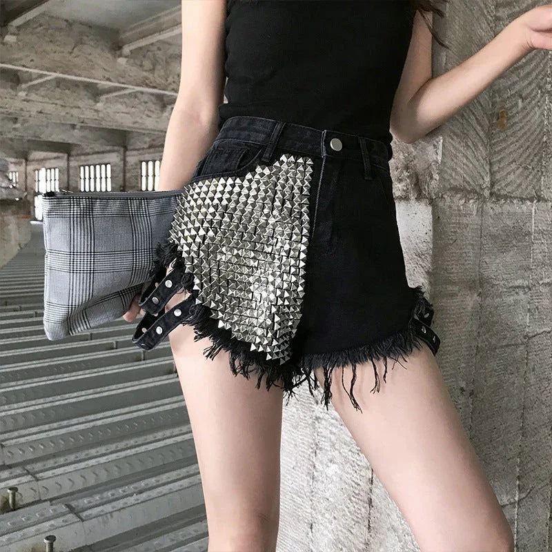 Denim Shorts With Side Studs Loose Ripped High-Rise Jeans - VAleG