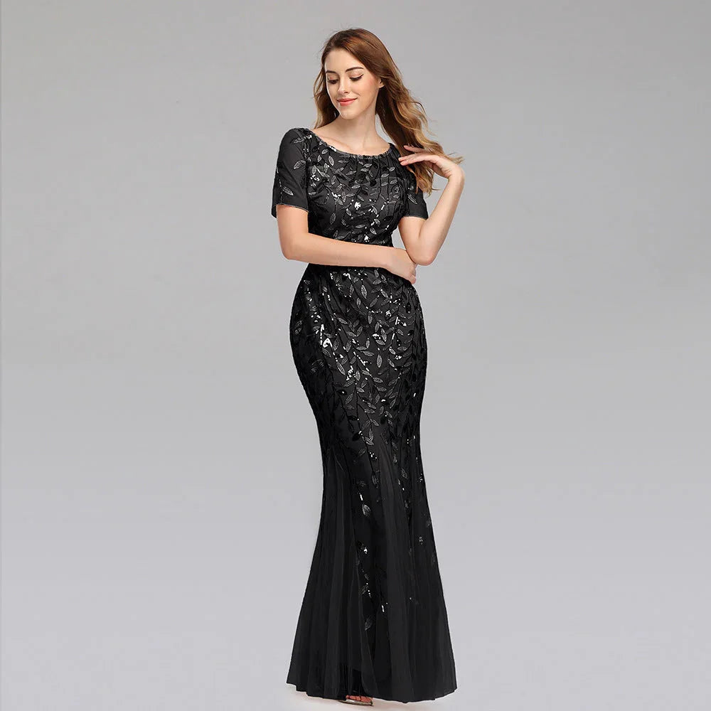 Large Size Evening Dress Foreign Trade Amazon Hot Sale European And American Version Pearl Mesh Fishtail Slim Sexy Women'S Clothing In Stock - VAleG
