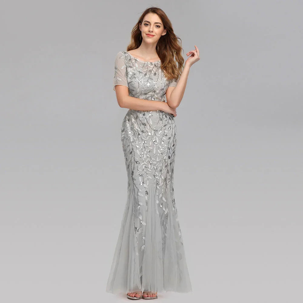 Large Size Evening Dress Foreign Trade Amazon Hot Sale European And American Version Pearl Mesh Fishtail Slim Sexy Women'S Clothing In Stock - VAleG