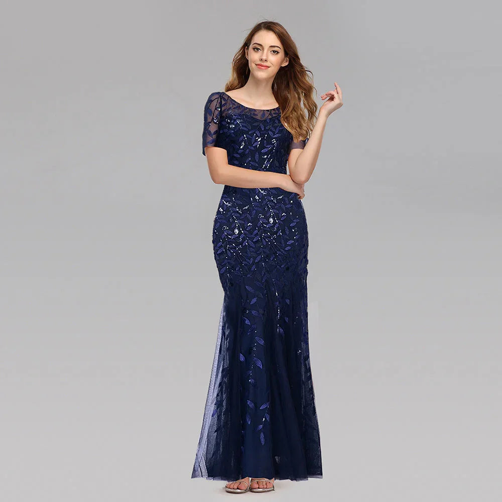 Large Size Evening Dress Foreign Trade Amazon Hot Sale European And American Version Pearl Mesh Fishtail Slim Sexy Women'S Clothing In Stock - VAleG