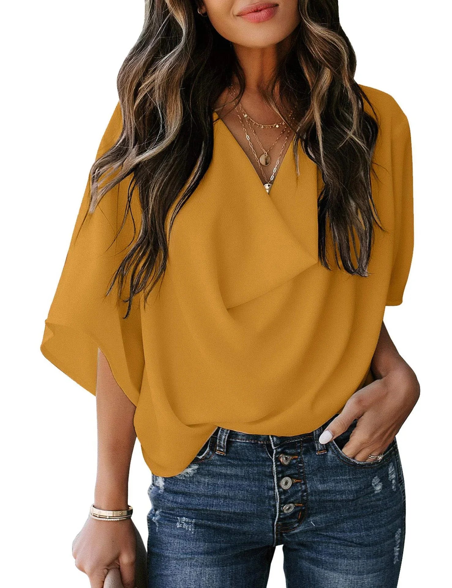 Chiffon shirt loose v-neck top - VAleG