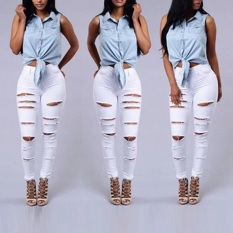 High Quality Women Casual Hole Jeans High Waist Skinny Pant Pencil Jeans Ripped Sexy Female Girls Trousers Denim Jeans - VAleG