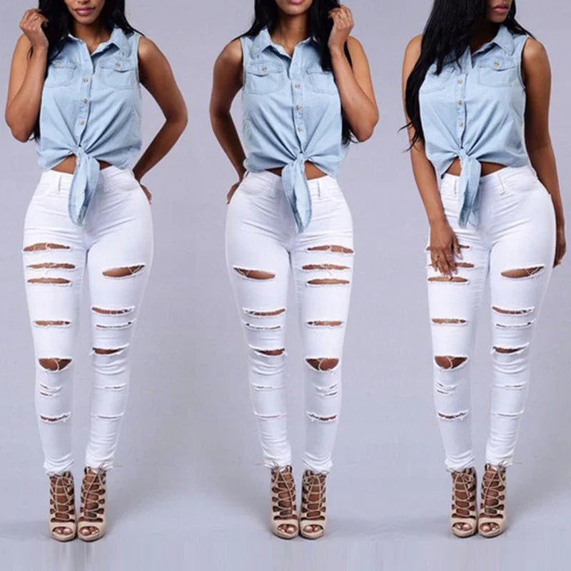 High Quality Women Casual Hole Jeans High Waist Skinny Pant Pencil Jeans Ripped Sexy Female Girls Trousers Denim Jeans - VAleG