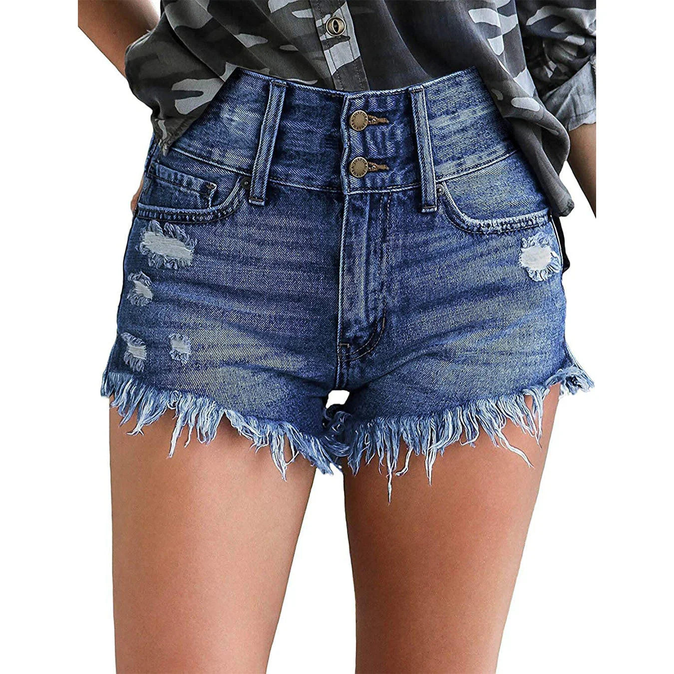 Women's High Waist Slim Fit Denim Shorts With Frayed Edges - VAleG