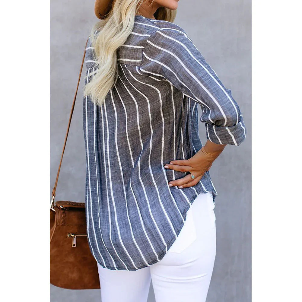 Stripe Printed V-Neck Shirt Fashion Long Sleeve Pocket Button Tops Women Clothing - VAleG
