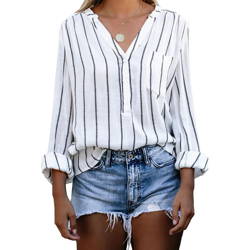 Stripe Printed V-Neck Shirt Fashion Long Sleeve Pocket Button Tops Women Clothing - VAleG