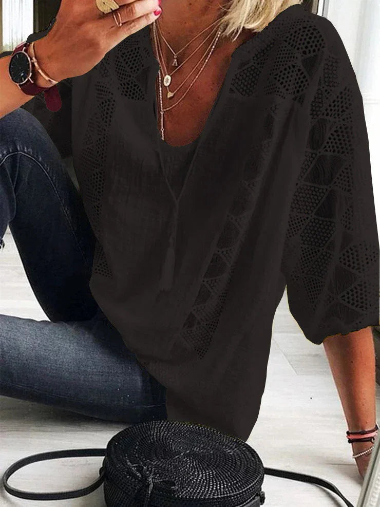 Lace stitching U-neck 3.4 sleeve T-shirt - VAleG