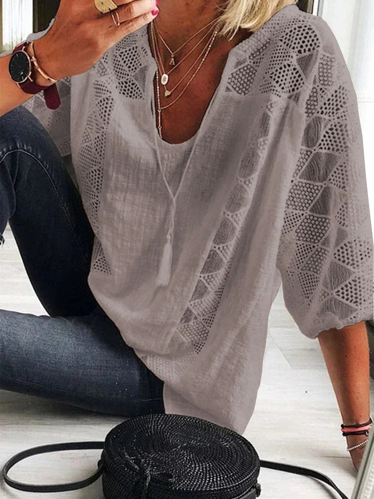 Lace stitching U-neck 3.4 sleeve T-shirt - VAleG