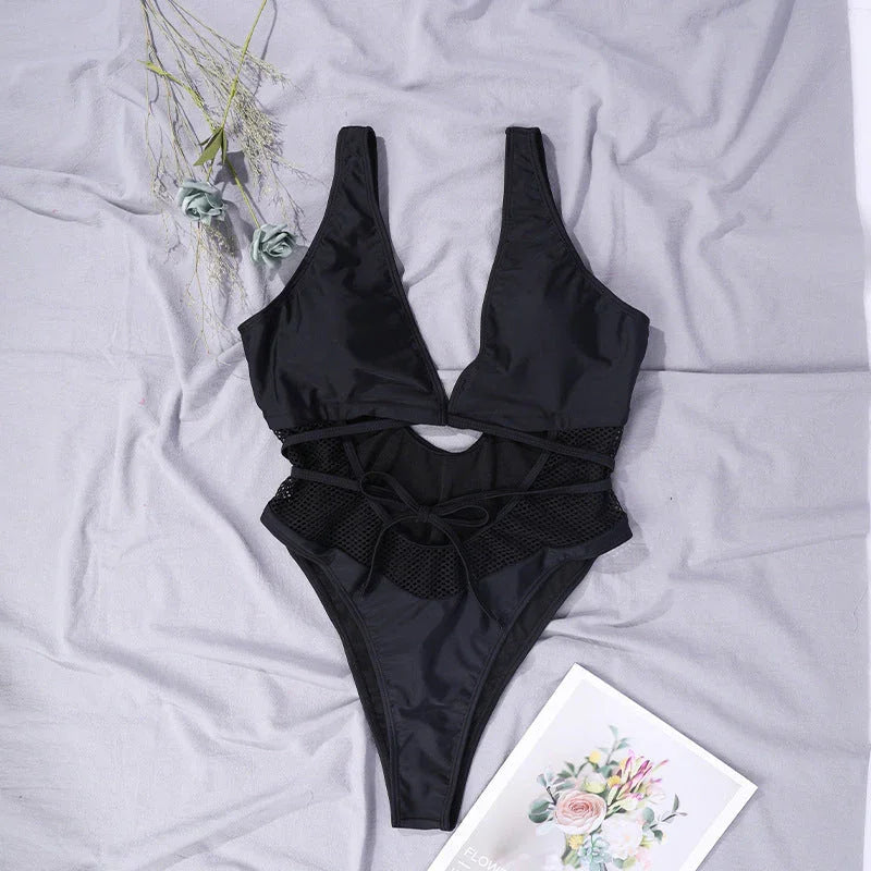 Swimsuit Black Mesh Hollow Lace One-piece Swimsuit - VAleG