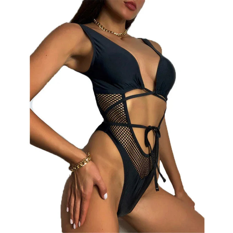Swimsuit Black Mesh Hollow Lace One-piece Swimsuit - VAleG