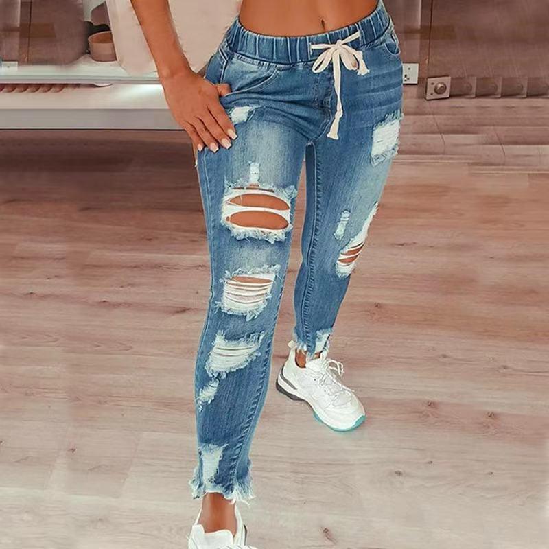 High Waist Ripped Elastic Waist Drawstring Jeans Women Trousers - VAleG