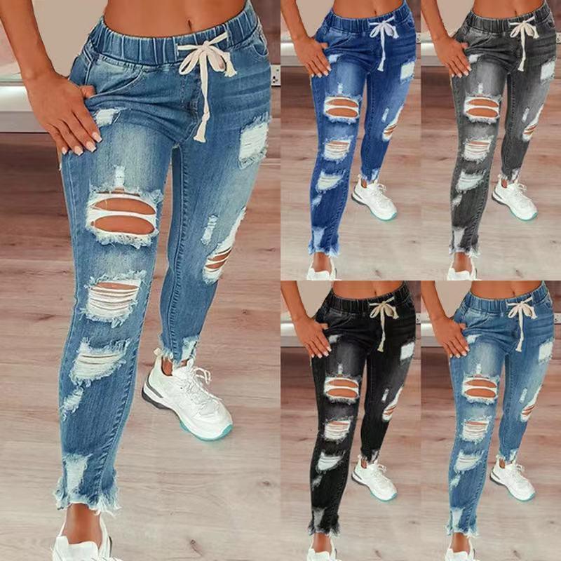 High Waist Ripped Elastic Waist Drawstring Jeans Women Trousers - VAleG