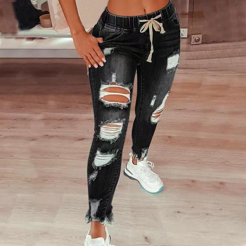 High Waist Ripped Elastic Waist Drawstring Jeans Women Trousers - VAleG