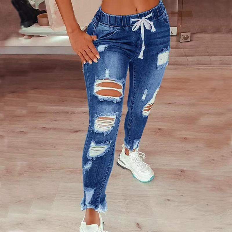 High Waist Ripped Elastic Waist Drawstring Jeans Women Trousers - VAleG