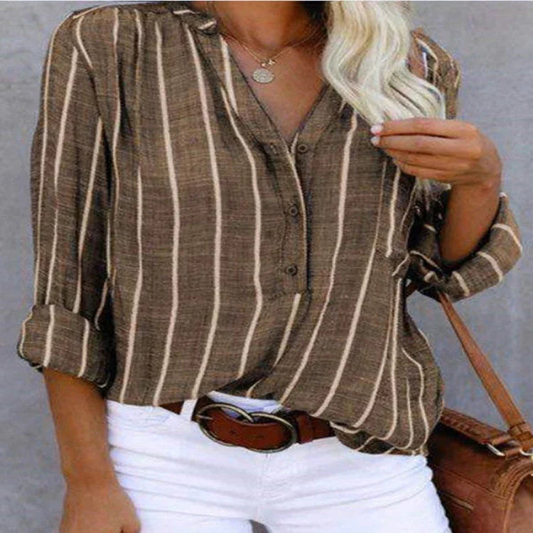 Stripe Printed V-Neck Shirt Fashion Long Sleeve Pocket Button Tops Women Clothing - VAleG