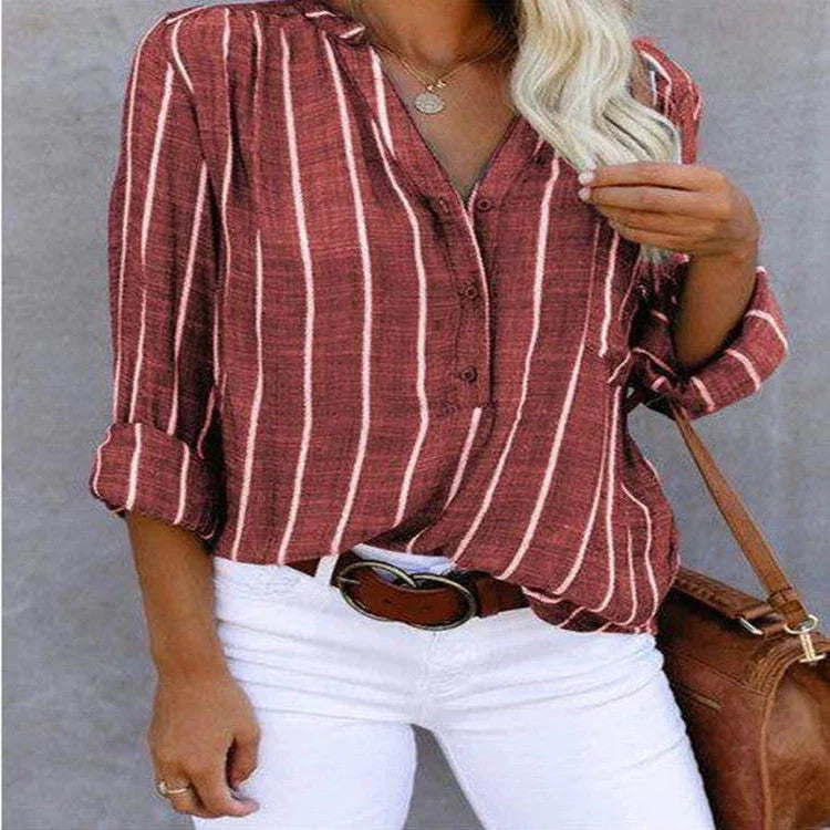 Stripe Printed V-Neck Shirt Fashion Long Sleeve Pocket Button Tops Women Clothing - VAleG