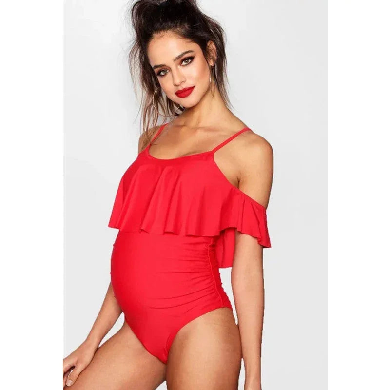 One-piece Swimsuit One-shoulder Ruffled Solid Color Maternity Swimsuit - VAleG