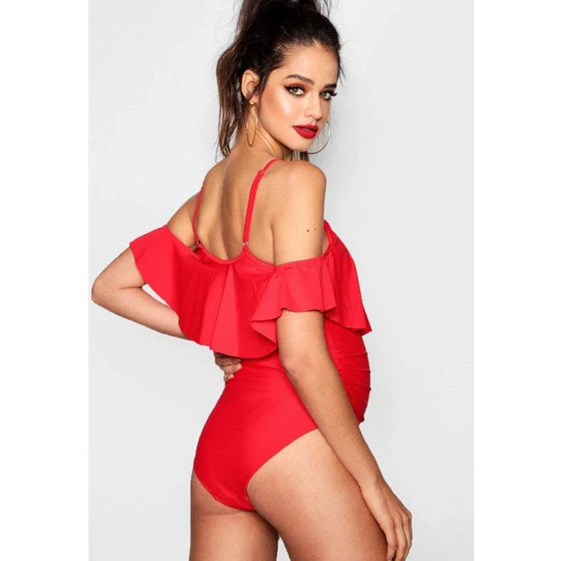 One-piece Swimsuit One-shoulder Ruffled Solid Color Maternity Swimsuit - VAleG