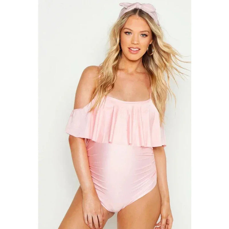 One-piece Swimsuit One-shoulder Ruffled Solid Color Maternity Swimsuit - VAleG