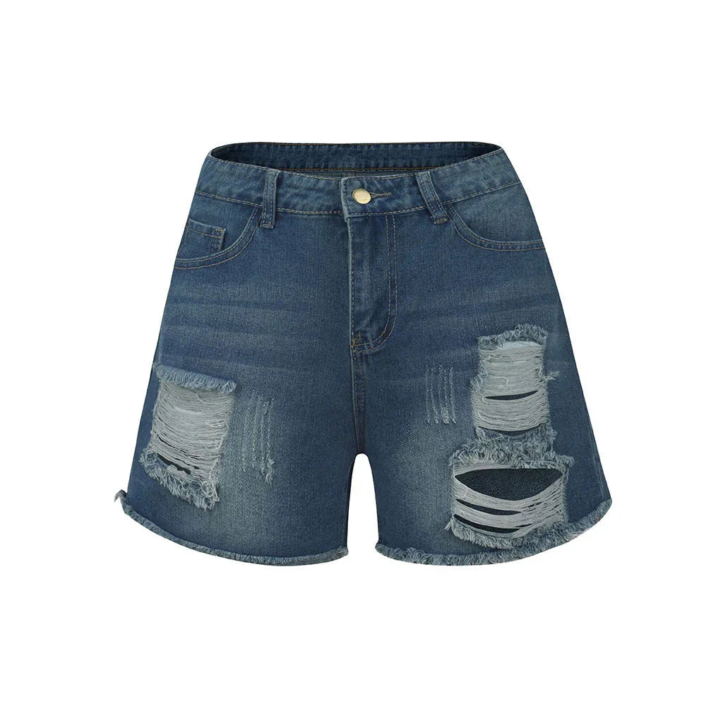 High Waist Ripped Washed Denim Shorts - VAleG