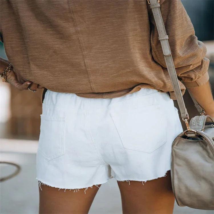 Women's Lace Up Elastic Casual Wear Ripped Denim Shorts - VAleG