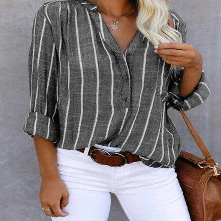 Stripe Printed V-Neck Shirt Fashion Long Sleeve Pocket Button Tops Women Clothing - VAleG