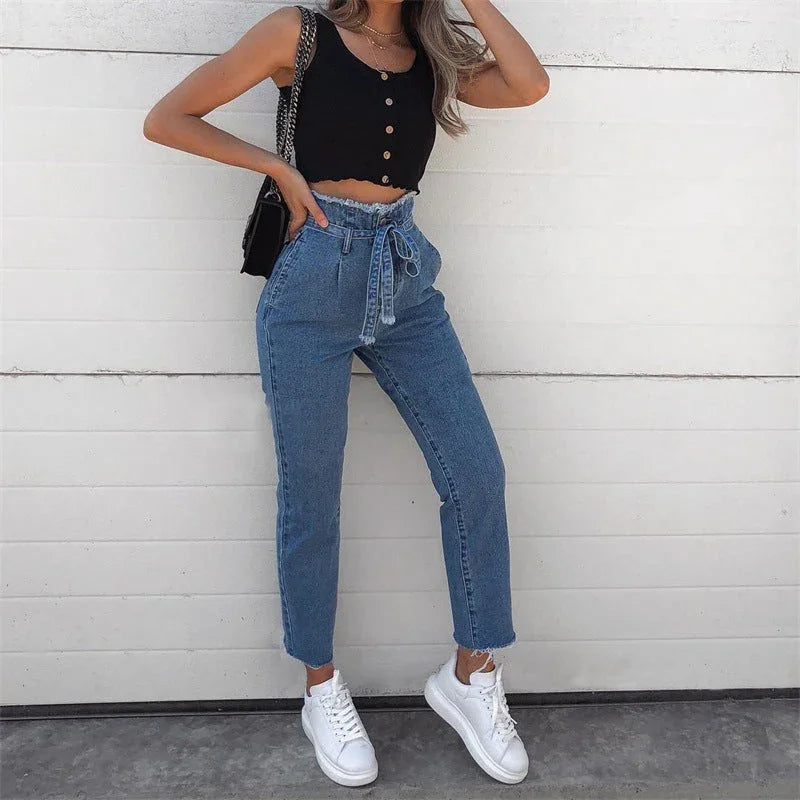 Women's Jeans Flower Bud High-Rise Frayed Lace-Up Jeans - VAleG