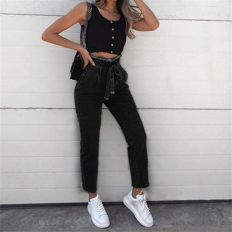Women's Jeans Flower Bud High-Rise Frayed Lace-Up Jeans - VAleG