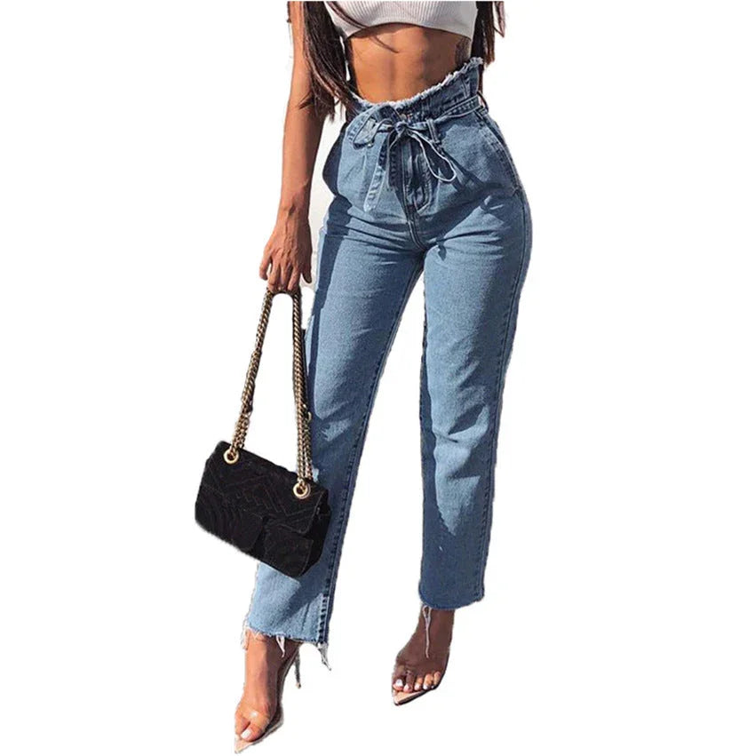 Women's Jeans Flower Bud High-Rise Frayed Lace-Up Jeans - VAleG