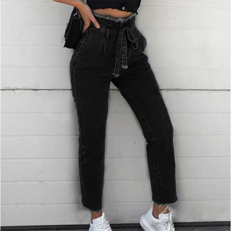 Women's Jeans Flower Bud High-Rise Frayed Lace-Up Jeans - VAleG