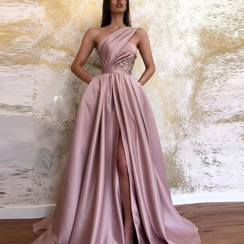 Sexy Slit Slanted Shoulder Dress Long Skirt Evening Dress - VAleG