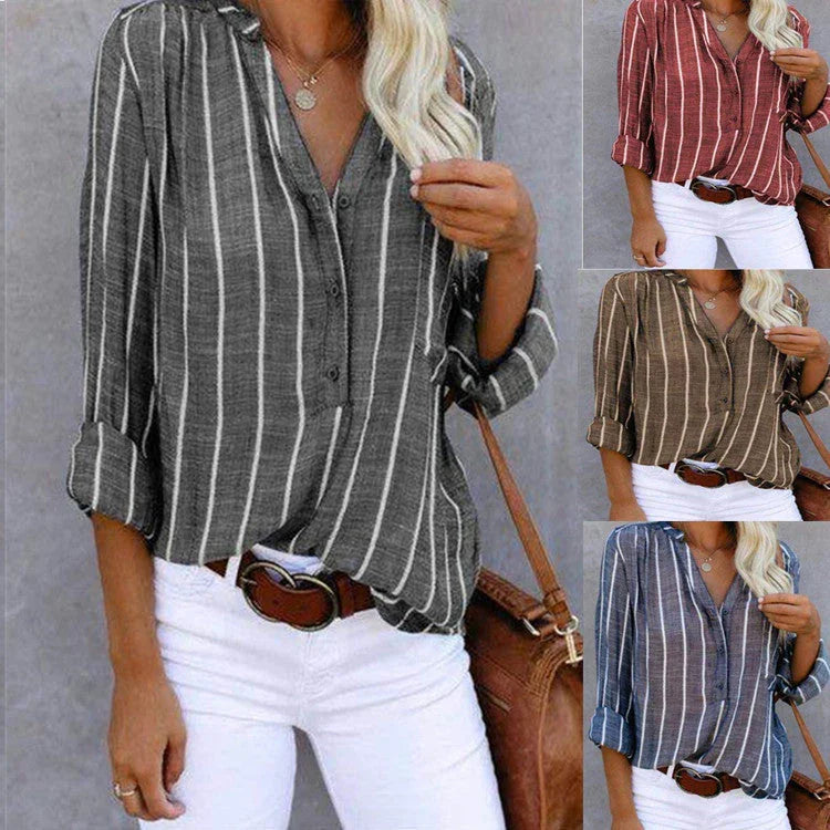 Striped Half Cardigan V-neck Long-sleeved Casual Loose-fitting Shirt - VAleG