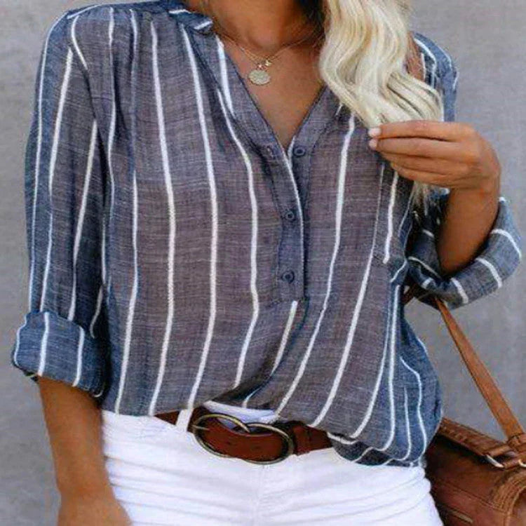 Striped Half Cardigan V-neck Long-sleeved Casual Loose-fitting Shirt - VAleG