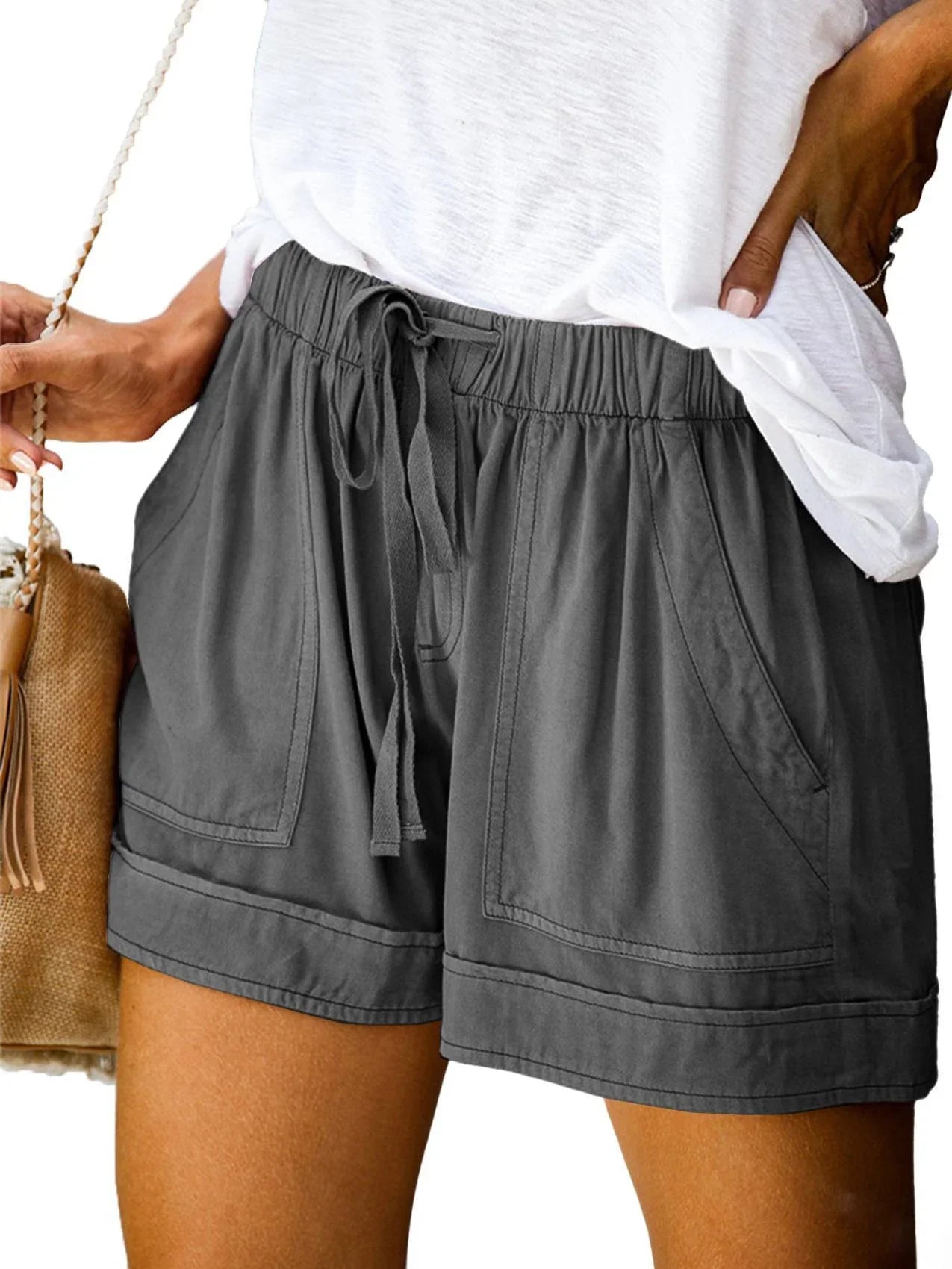 Wide leg loose high waist elastic lace-up shorts - VAleG