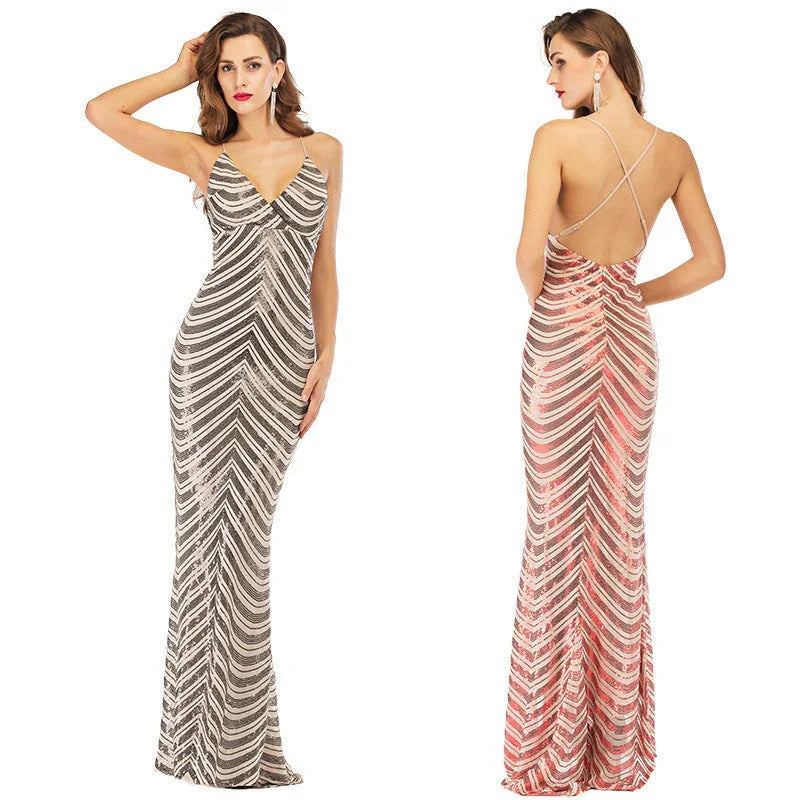 Sling Halter Dress, Deep V-neck Stretch Sequined Mopping Dress - VAleG