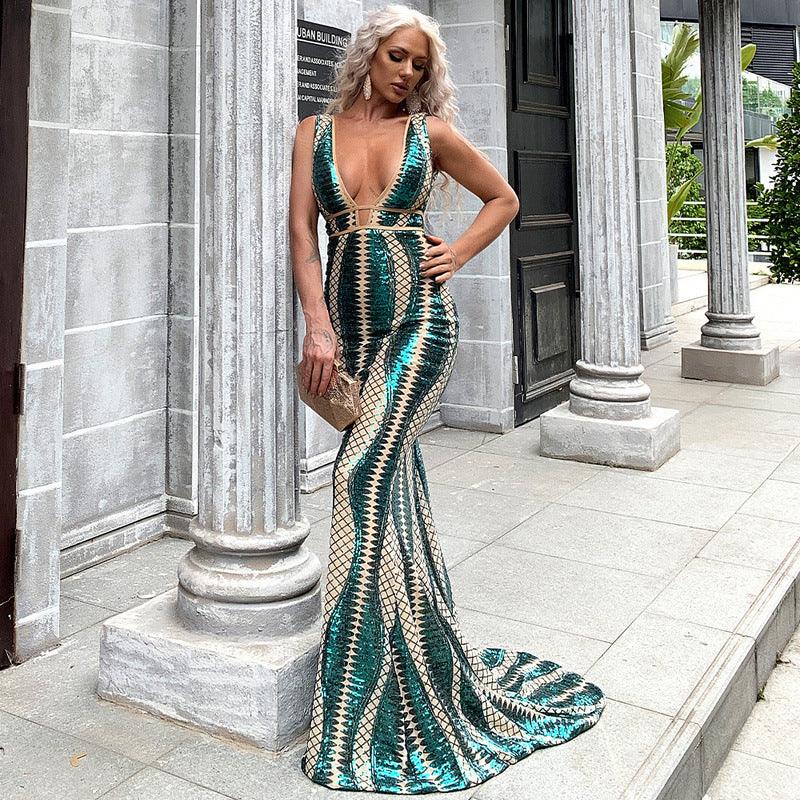 Suspender Long Tail Irregular Striped Evening Dress With Sequins - VAleG