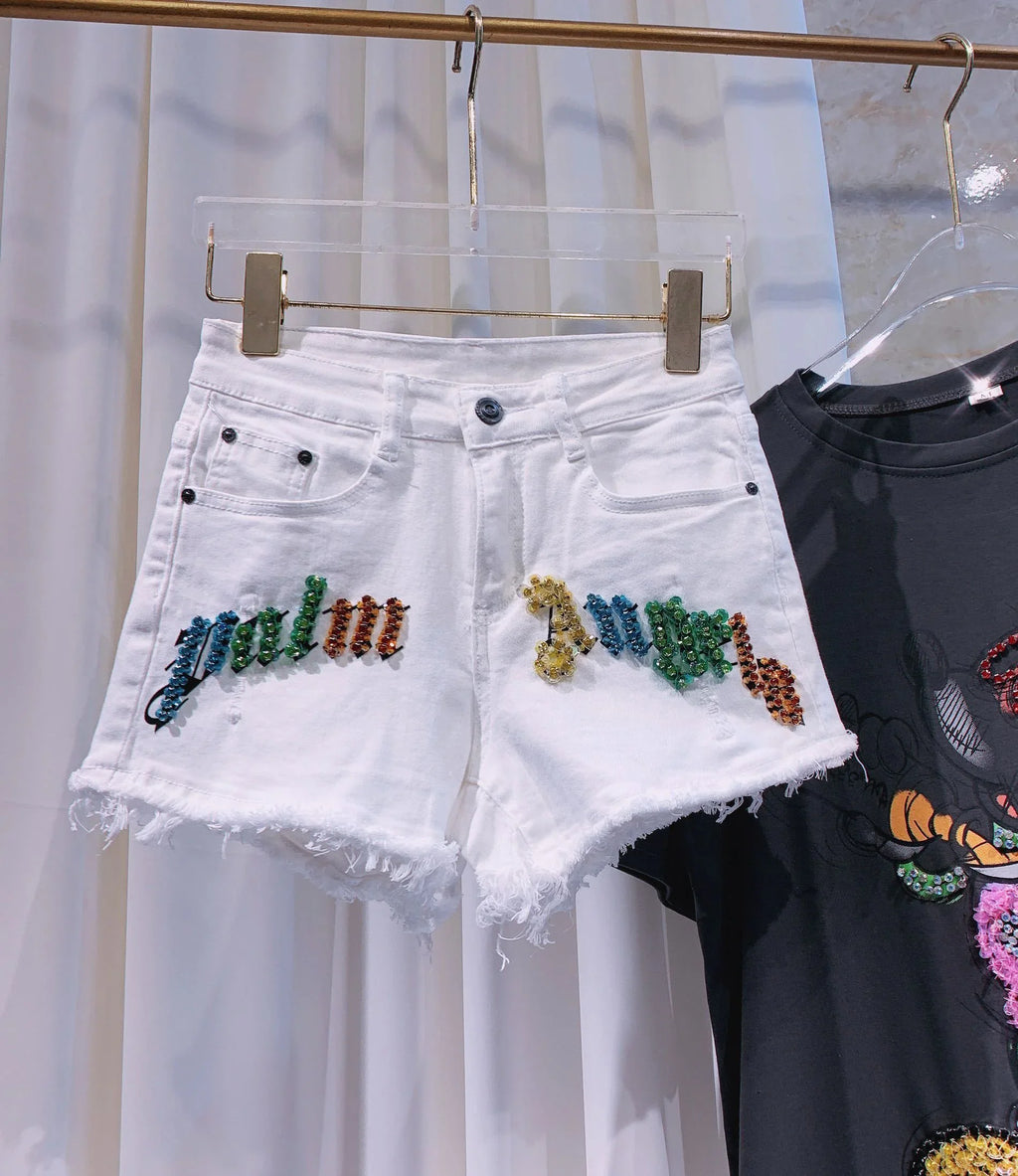 Subtitled Rhinestone Stretch Denim Ladies Shorts - VAleG
