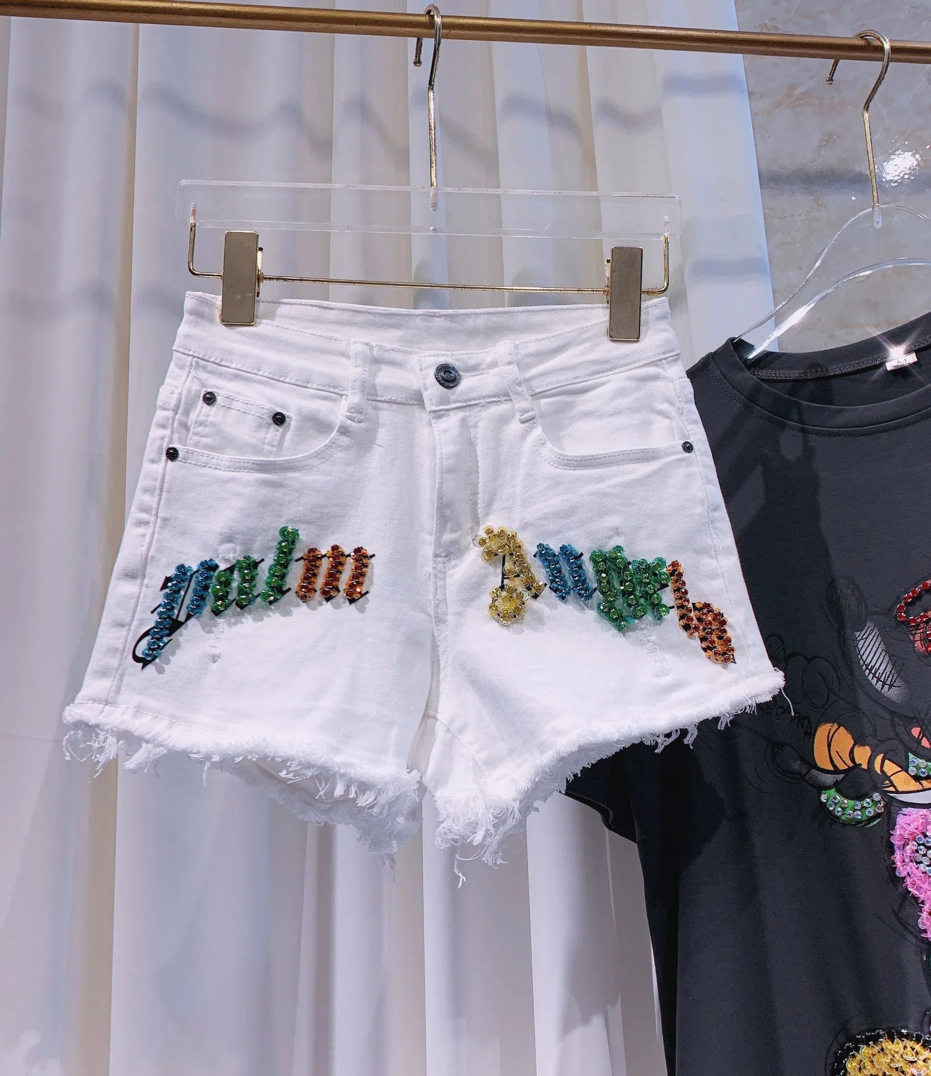 Subtitled Rhinestone Stretch Denim Ladies Shorts - VAleG