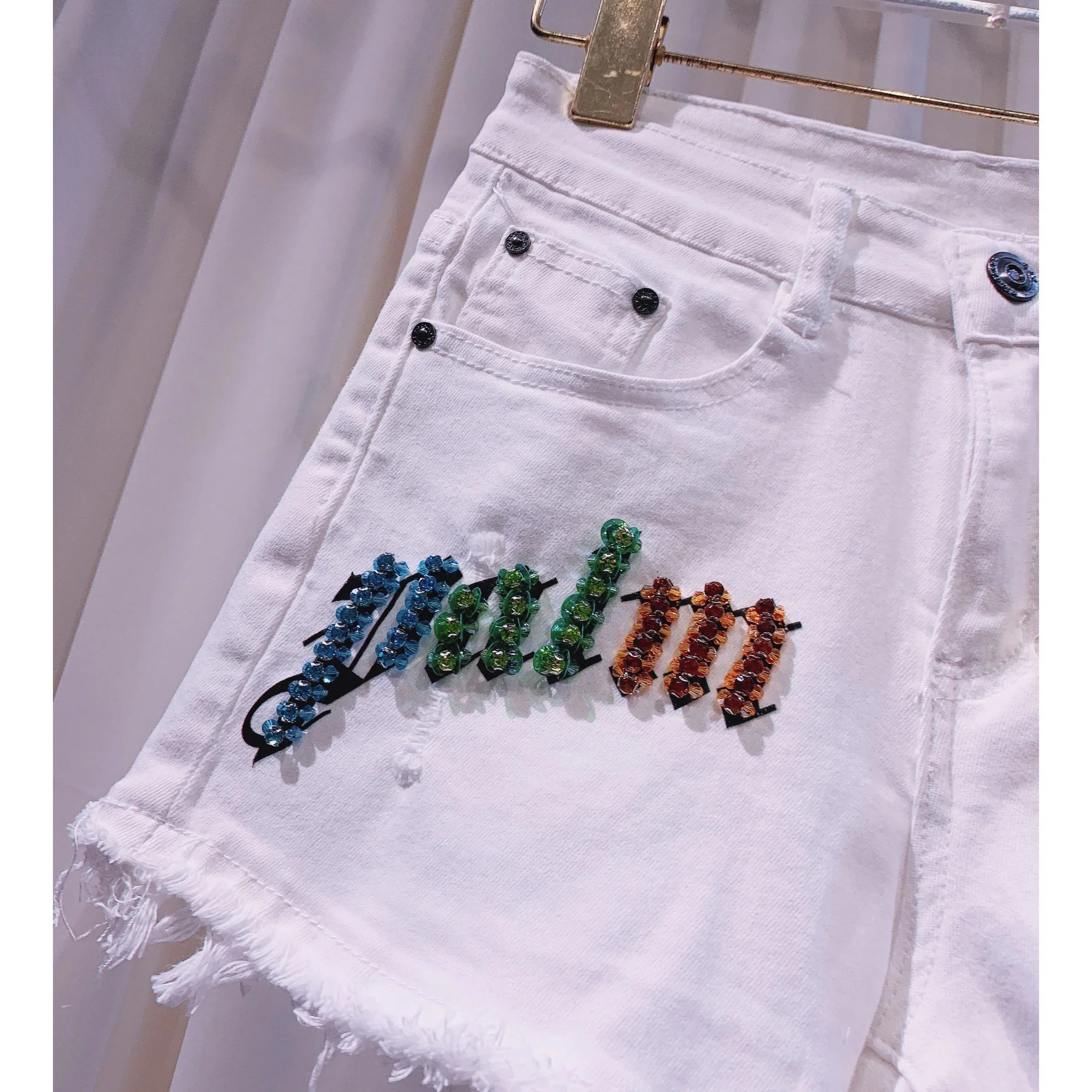 Subtitled Rhinestone Stretch Denim Ladies Shorts - VAleG