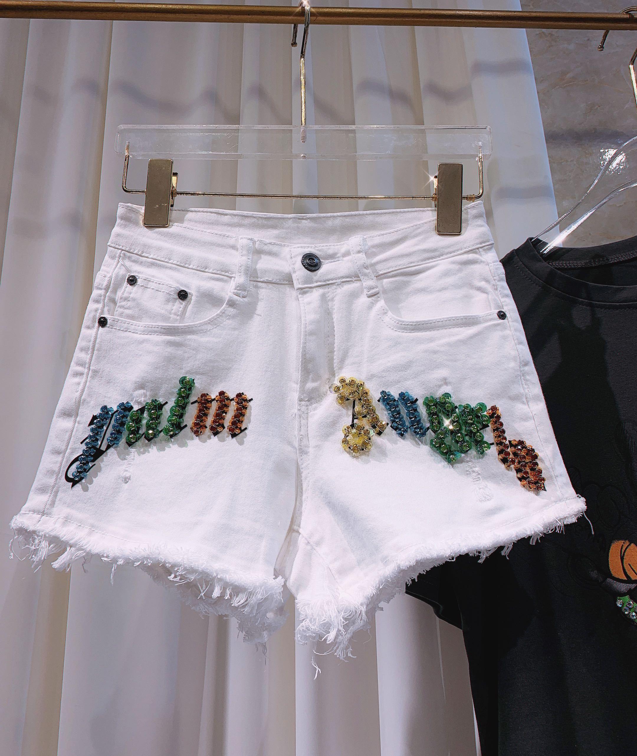 Subtitled Rhinestone Stretch Denim Ladies Shorts - VAleG