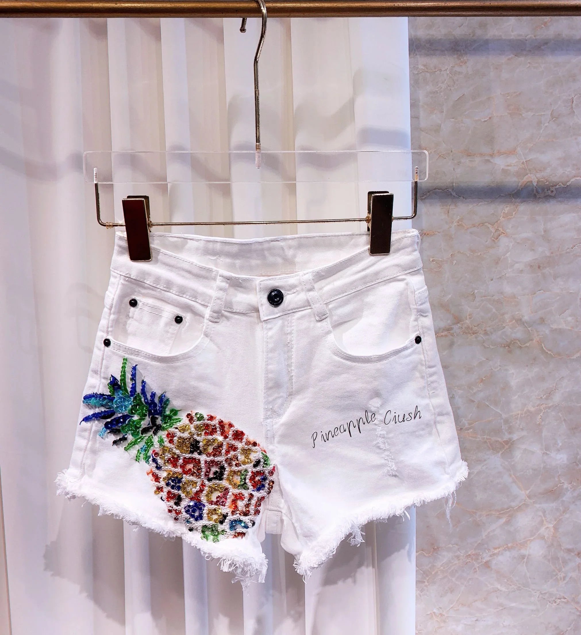 Subtitled Rhinestone Stretch Denim Ladies Shorts - VAleG