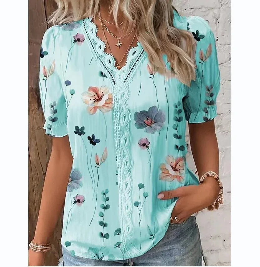 V-neck Holiday Fashion Floral Short Sleeve - VAleG