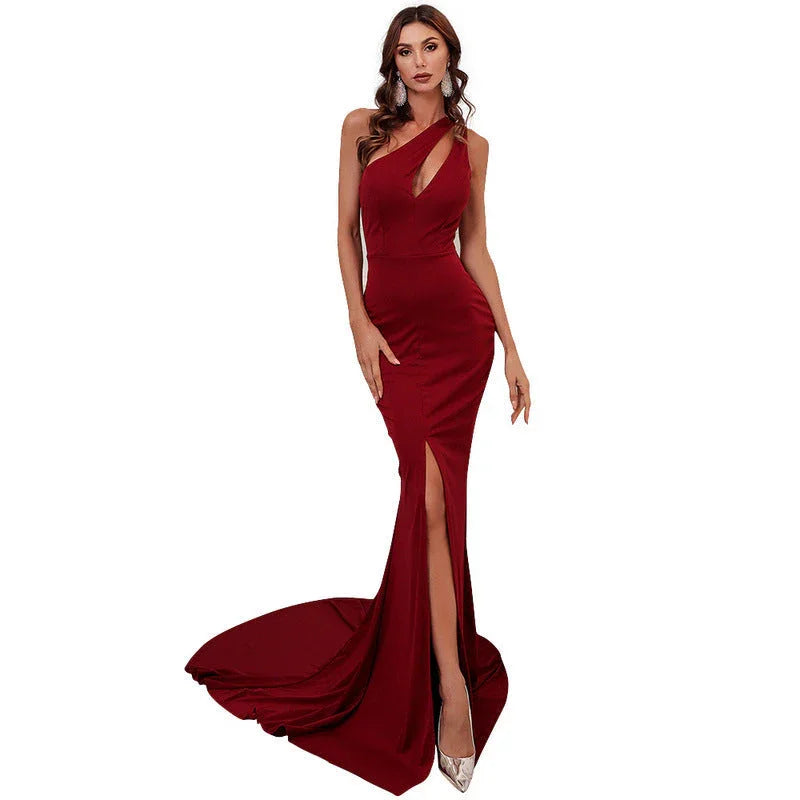 Wine Red Annual Meeting Dress Sleeveless One-shoulder Solid Color Small Tail - VAleG