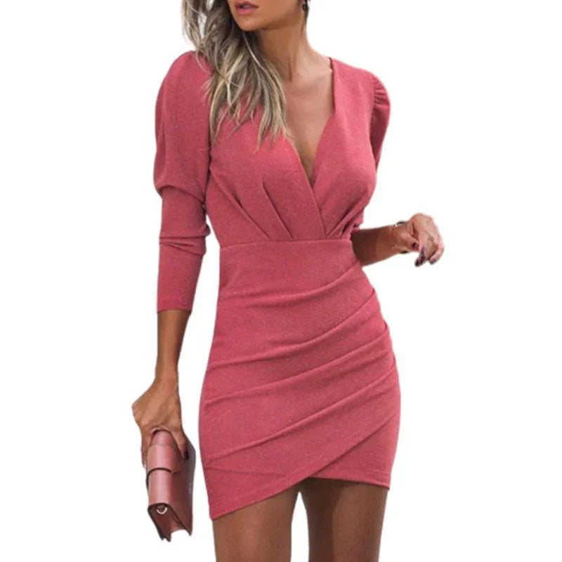 Thin Women's Solid Color Hedging Long Sleeve Dress - VAleG