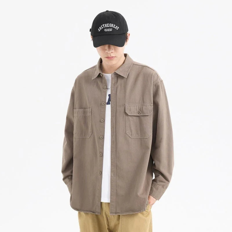 Oxford Cotton Hong Kong Style Double Pocket Trendy Loose Casual Men's Shirt - VAleG