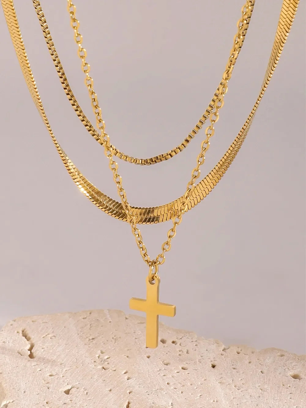 18K Gold-Plated Three-Layered Cross Necklace - VAleG